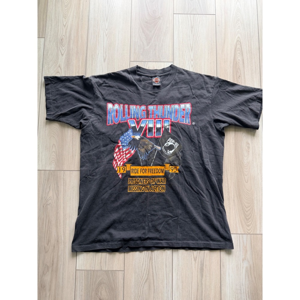 1995 Vintage Harley Davidson Tshirt  L Black Rolling Thunder VII POW Military